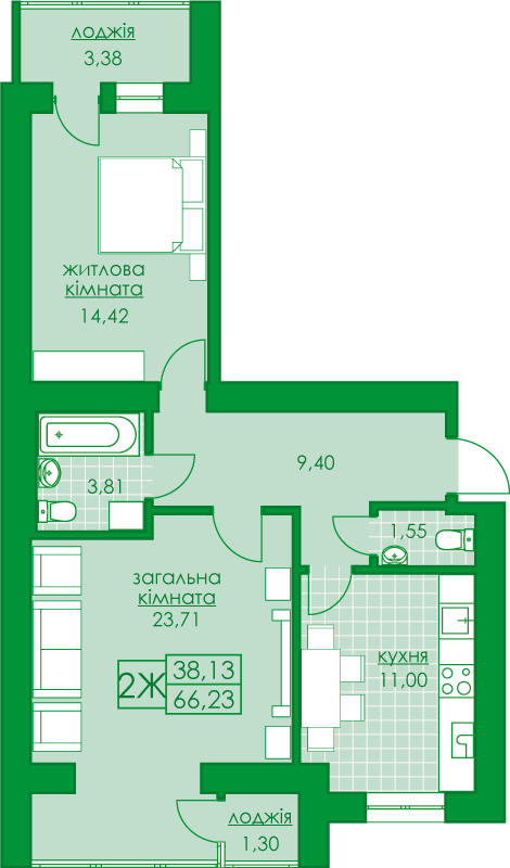 2-кімнатна 66.23 м² в ЖК Київський від 16 300 грн/м², м. Буча