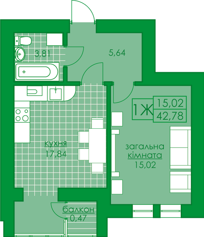1-кімнатна 42.78 м² в ЖК Київський від 18 500 грн/м², м. Буча