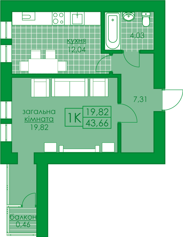 1-комнатная 43.66 м² в ЖК Киевский от 21 000 грн/м², г. Буча