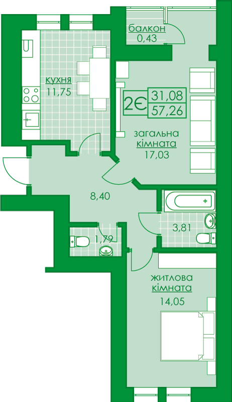 2-кімнатна 57.26 м² в ЖК Київський від 16 850 грн/м², м. Буча