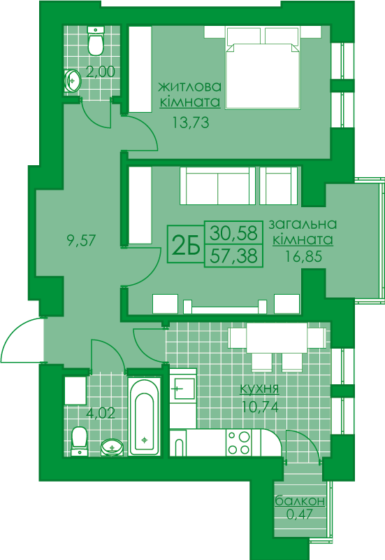 2-кімнатна 57.38 м² в ЖК Київський від 16 300 грн/м², м. Буча