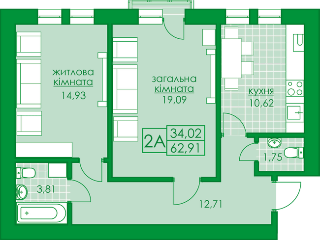 2-кімнатна 62.91 м² в ЖК Київський від 16 300 грн/м², м. Буча