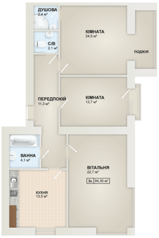 3-кімнатна 94.3 м² в ЖК Містечко Козацьке від 13 800 грн/м², Івано-Франківськ