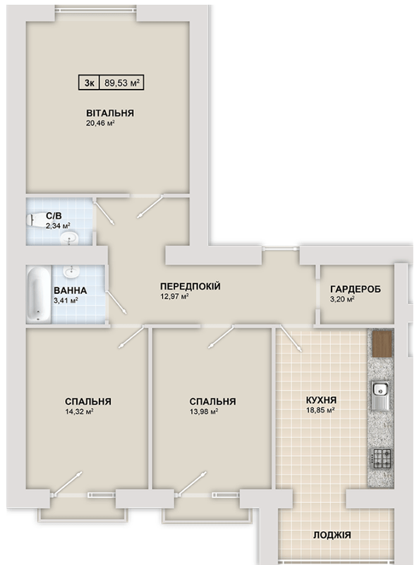 3-кімнатна 89.53 м² в ЖК Містечко Козацьке від 13 800 грн/м², Івано-Франківськ