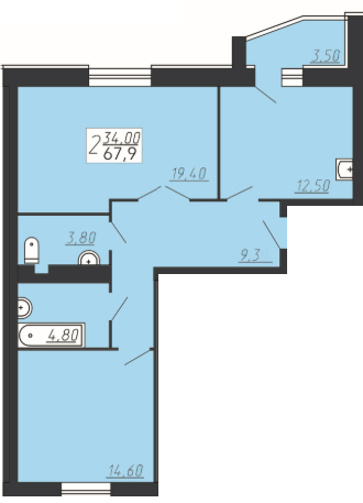 2-комнатная 67.9 м² в ЖК Счастливый от застройщика, г. Городок
