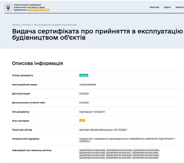 Сертификат о готовности Дом 1, ЖК Садочок