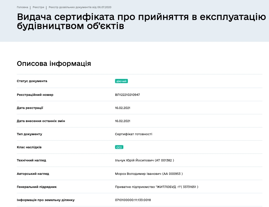Сертифікат про готовність Дом 1, ЖК на вул. Коперника, 83
