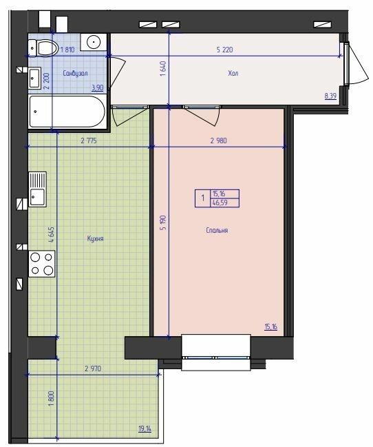 1-комнатная 46.59 м² в ЖК Премиум Парк от 18 500 грн/м², Житомир