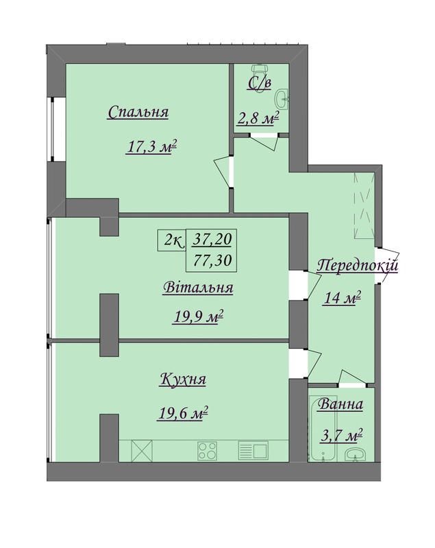 2-кімнатна 77.3 м² в ЖК Містечко Козацьке від 13 800 грн/м², Івано-Франківськ