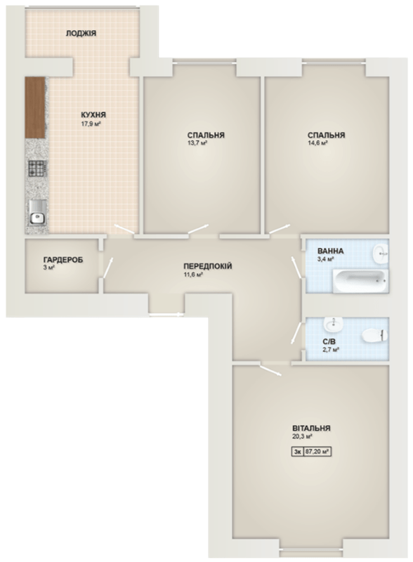3-кімнатна 87.2 м² в ЖК Містечко Козацьке від 13 800 грн/м², Івано-Франківськ
