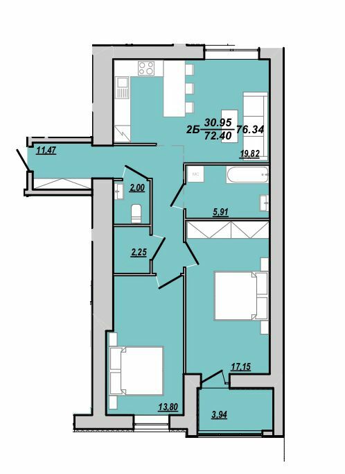 2-кімнатна 76.34 м² в ЖК Рідний Дім від 12 500 грн/м², Тернопіль