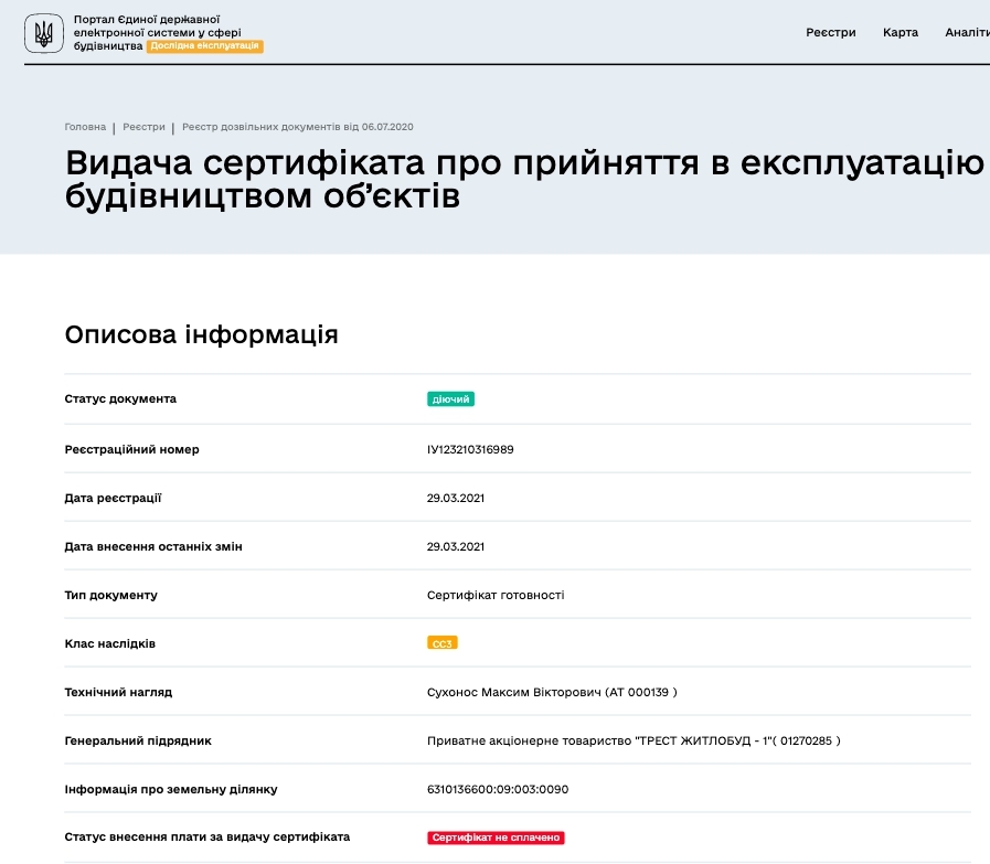 Сертифікат про готовність Дома 2а, 2б, ЖК Пташка