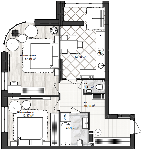 2-кімнатна 61.29 м² в ЖК Sea Town від 19 350 грн/м², Одеса