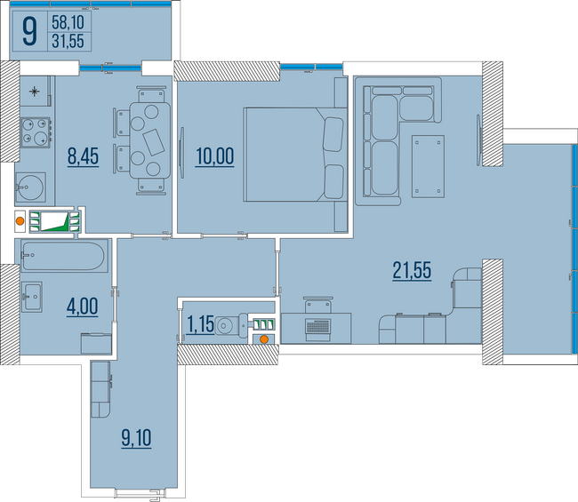 2-кімнатна 58.1 м² в ЖК Бульвар Акацій від 23 700 грн/м², Одеса