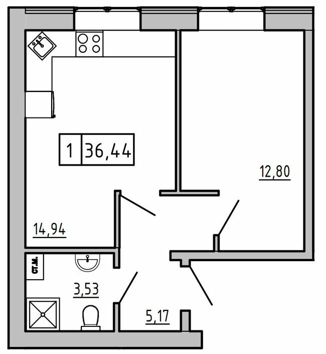 1-кімнатна 36.44 м² в ЖК KEKS від 15 700 грн/м², смт Авангард