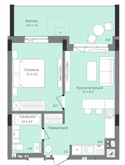 1-кімнатна 44.96 м² в ЖК Rubicon Premium від 28 850 грн/м², Львів