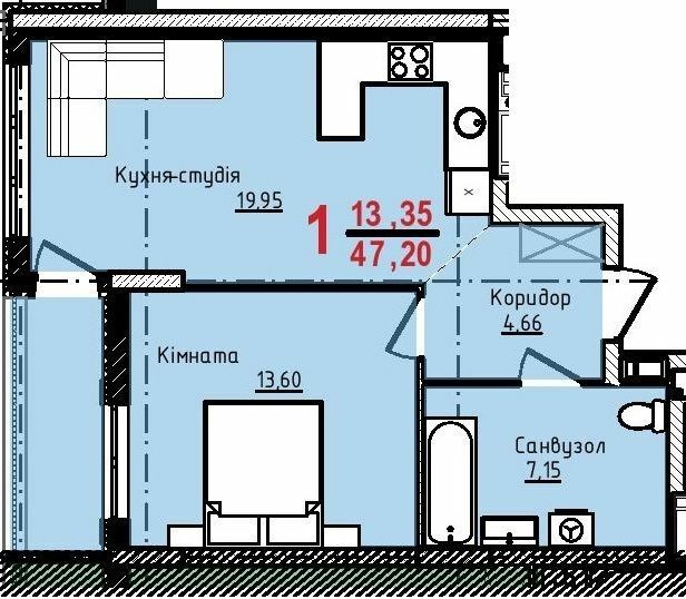 1-кімнатна 47.02 м² в ЖК Континент від 24 250 грн/м², с. Сокільники