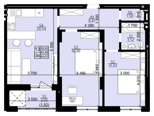 2-комнатная 64.01 м² в ЖК Свитанок от 26 550 грн/м², Львов