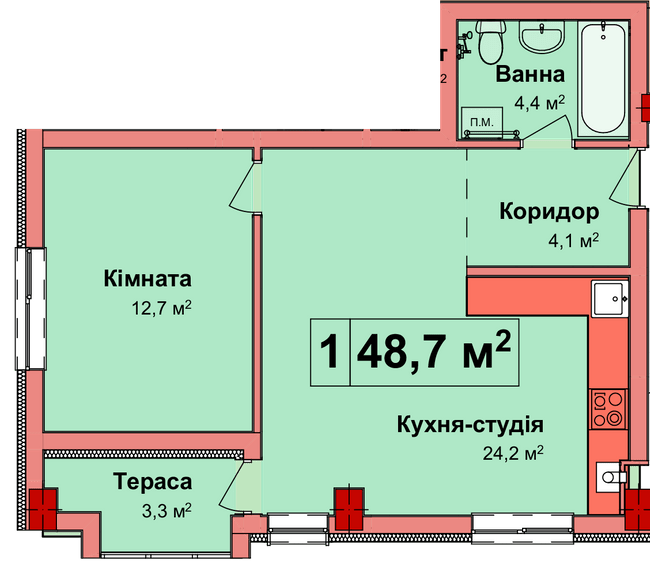 1-кімнатна 48.7 м² в КБ Карнаухова 58 від 33 200 грн/м², Рівне
