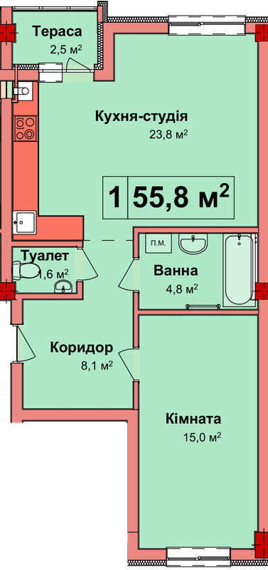 2-кімнатна 55.8 м² в КБ Карнаухова 58 від 23 050 грн/м², Рівне