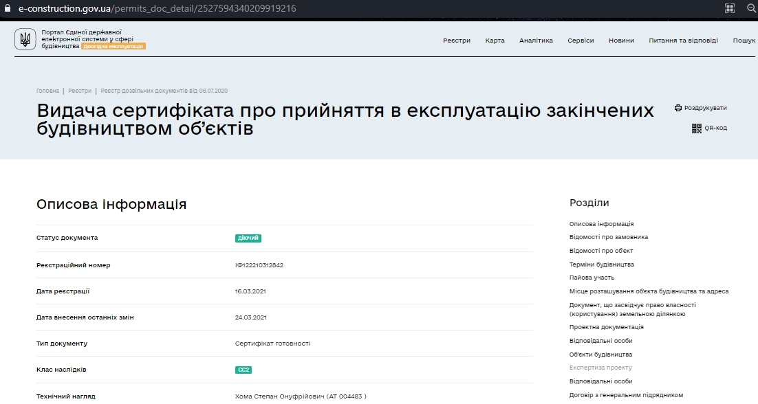 Сертифікат про готовність 6 дом (секция 9), ЖК Паркова алея