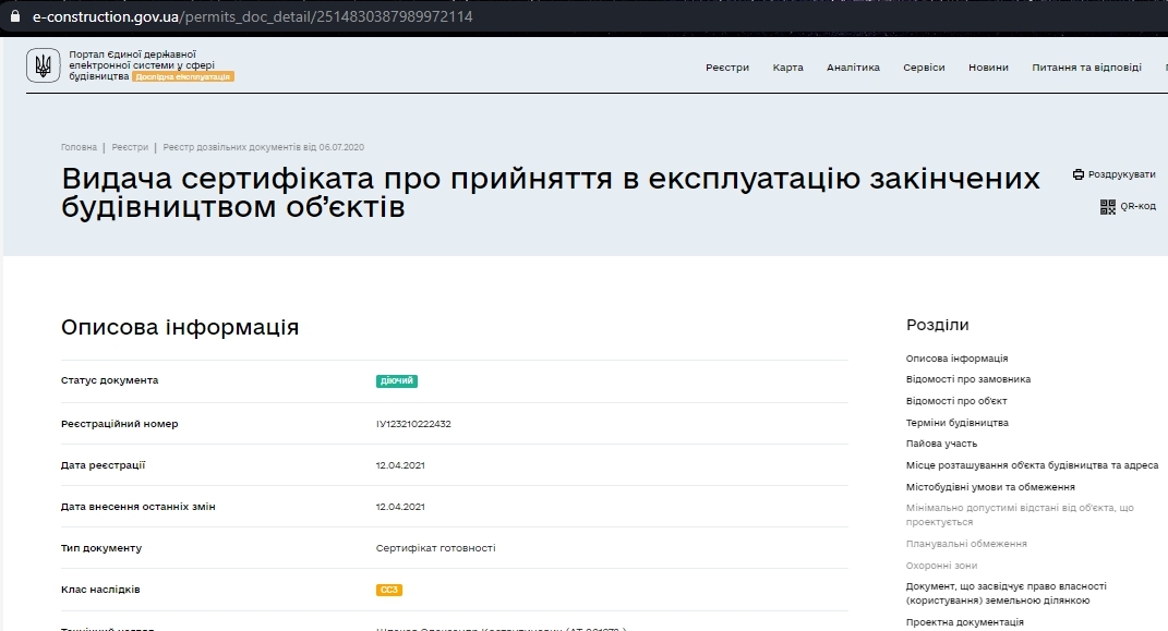 Сертифікат про готовність 1,2 секции, ЖК Акварель-2