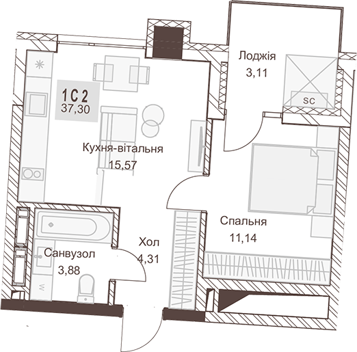 1-комнатная 37.3 м² в ЖК Pokrovsky Apart Complex от 28 650 грн/м², Ровно