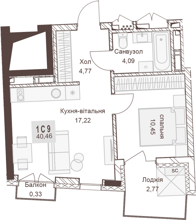 1-комнатная 40.46 м² в ЖК Pokrovsky Apart Complex от 31 550 грн/м², Ровно
