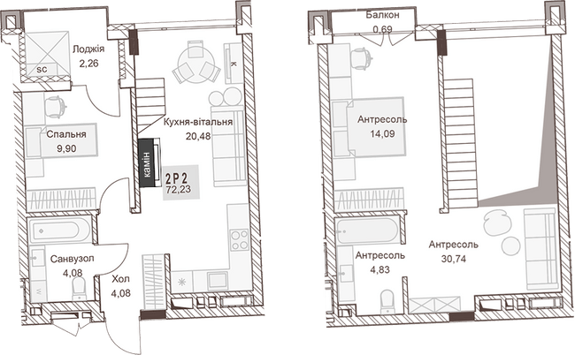 Двухуровневая 72.23 м² в ЖК Pokrovsky Apart Complex от 31 550 грн/м², Ровно