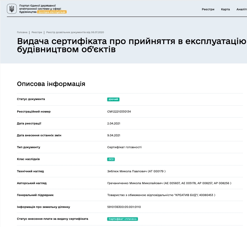 Сертифікат про готовність Секция 4, ЖК Зарічний