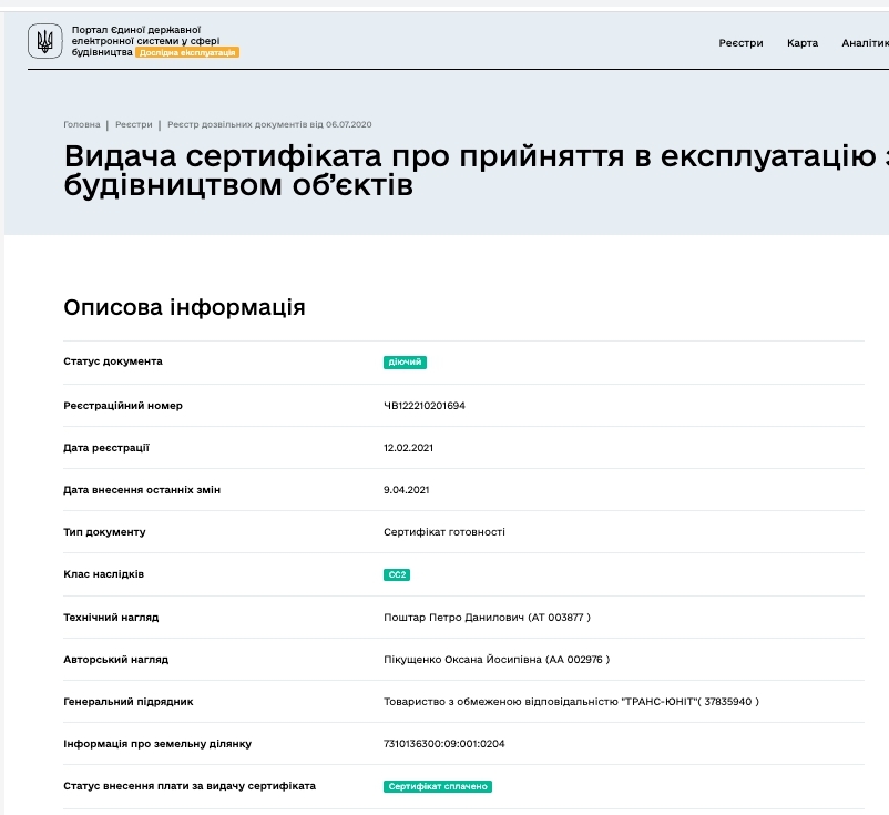Сертифікат про готовність Секция 16, ЖК Водограй