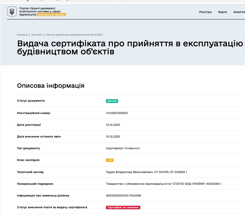 Сертификат о готовности Дом 1 (секция 4), ЖК Podil Plaza & Residence