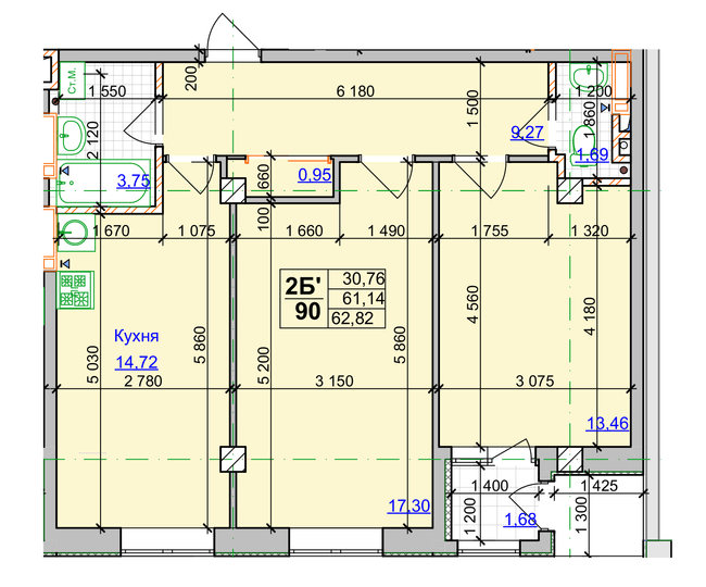 2-кімнатна 62.73 м² в ЖК Спортивний від 27 000 грн/м², Харків