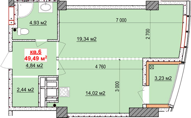 1-комнатная 49.49 м² в ЖК Славия от застройщика, Днепр