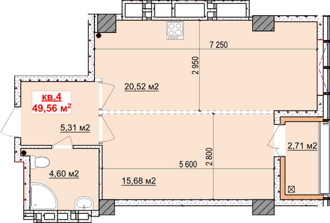 1-комнатная 49.56 м² в ЖК Славия от застройщика, Днепр