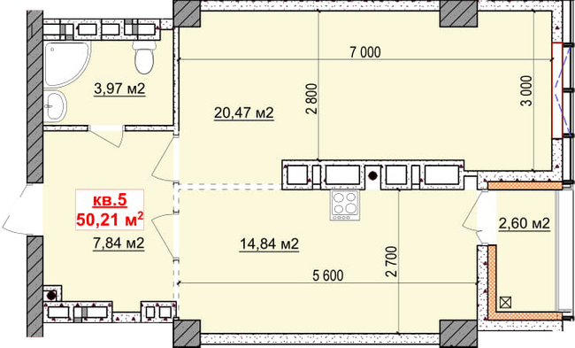 1-комнатная 50.21 м² в ЖК Славия от застройщика, Днепр