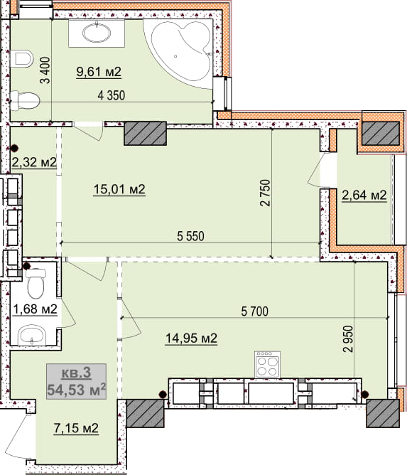 1-кімнатна 54.53 м² в ЖК Славія від забудовника, Дніпро