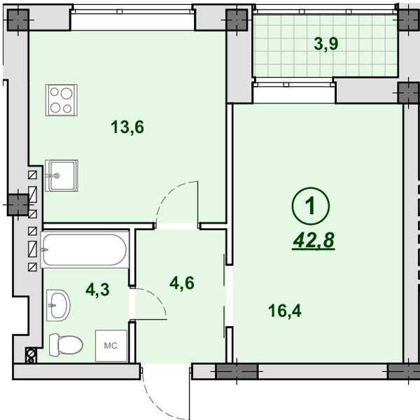 1-кімнатна 42.8 м² в ЖК Південний від 23 250 грн/м², Дніпро