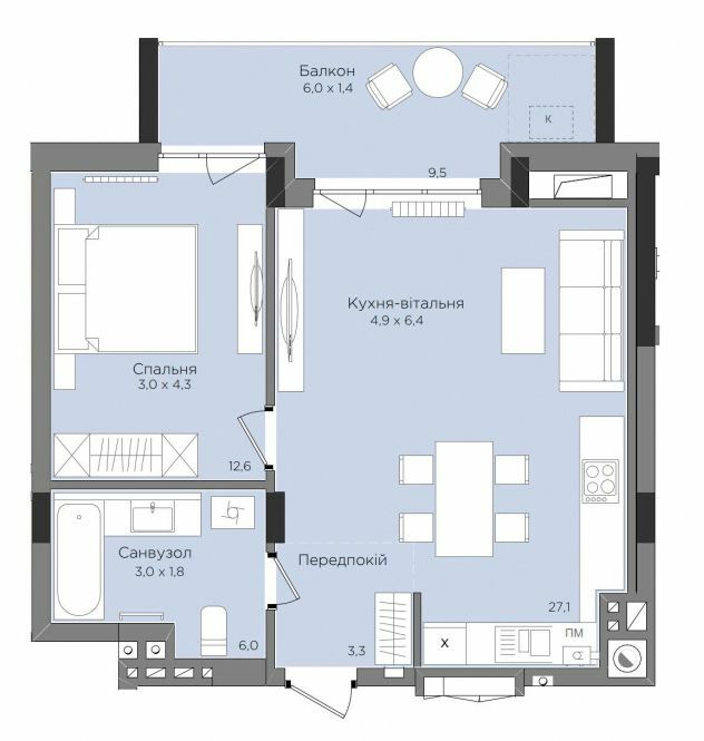 1-кімнатна 51.84 м² в ЖК Rubicon Premium від 26 950 грн/м², Львів
