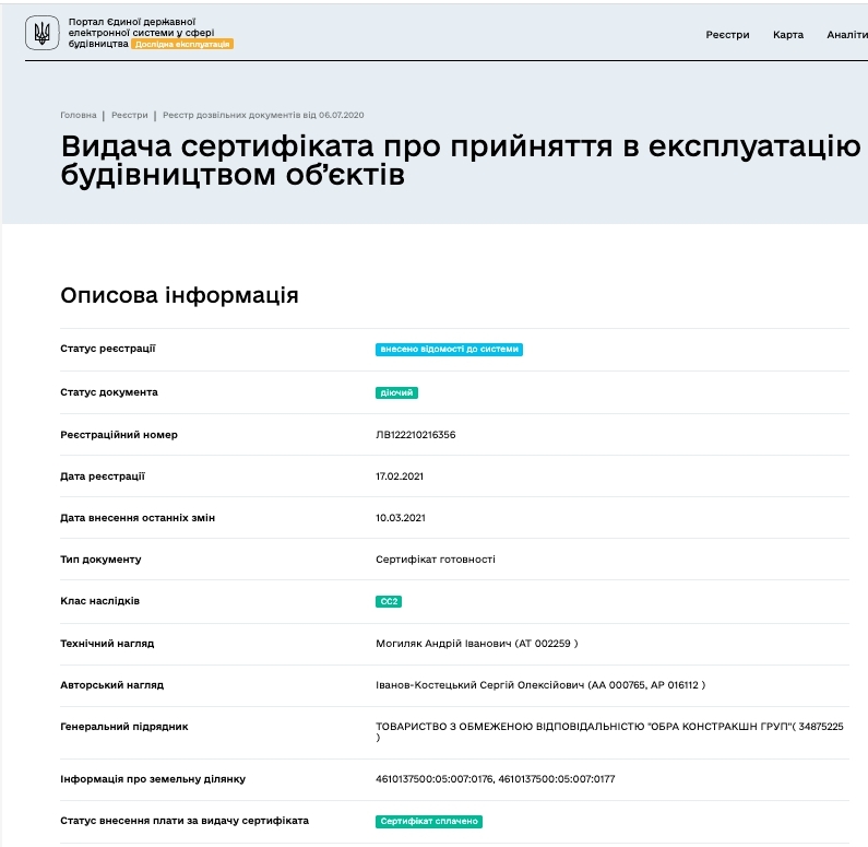 Сертифікат про готовність Дом 2, ЖК Avalon Flex