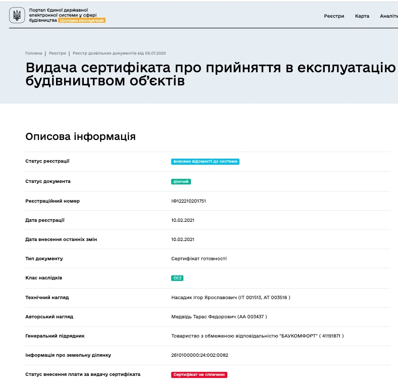 Сертификат о готовности Секция 2, ЖК Park Residence