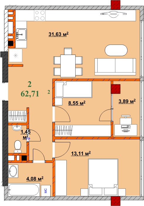 2-кімнатна 62.71 м² в ЖК Provance Home від 17 300 грн/м², Івано-Франківськ