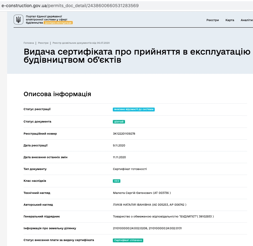 Сертифікат про готовність Дом 4, ЖК Парковий