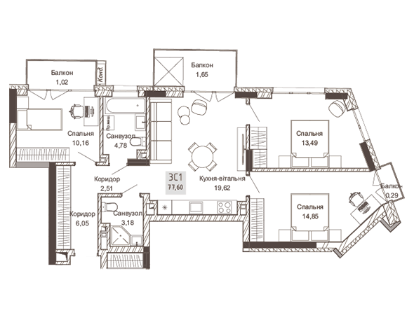 3-комнатная 77.6 м² в ЖК Pokrovsky Apart Complex от 35 900 грн/м², Ровно