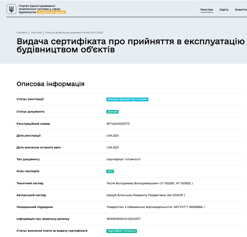 Сертифікат про готовність 2 секция, ЖК Резиденція