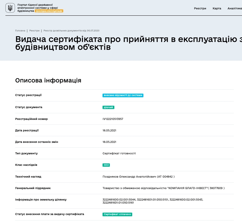 Сертификат о готовности Одесский, 6/1, ЖК Family
