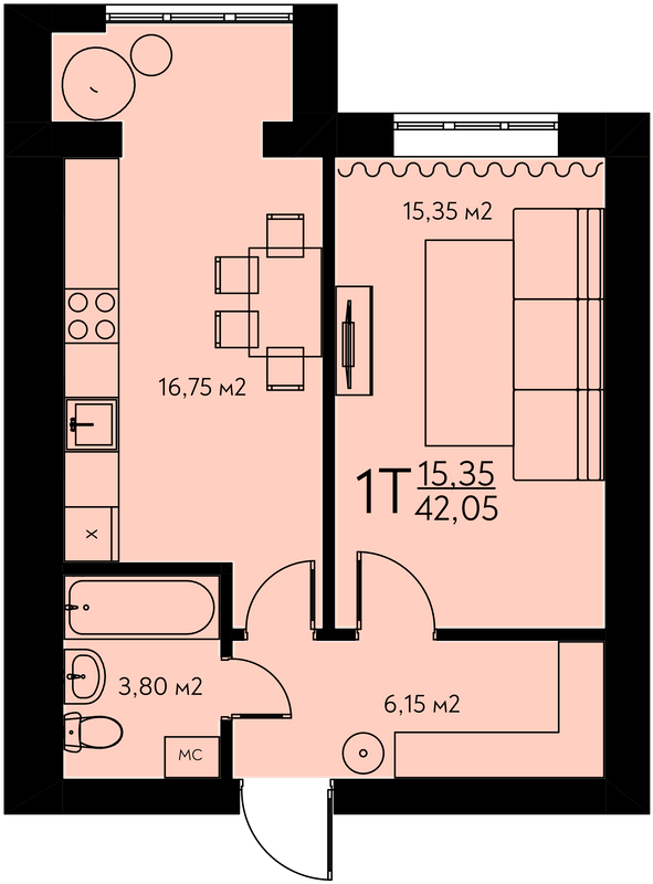 1-комнатная 42.05 м² в ЖК Молодежный городок от 22 000 грн/м², с. Крюковщина