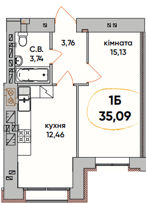 1-кімнатна 35.09 м² в ЖК Continent Ray від 20 000 грн/м², м. Буча
