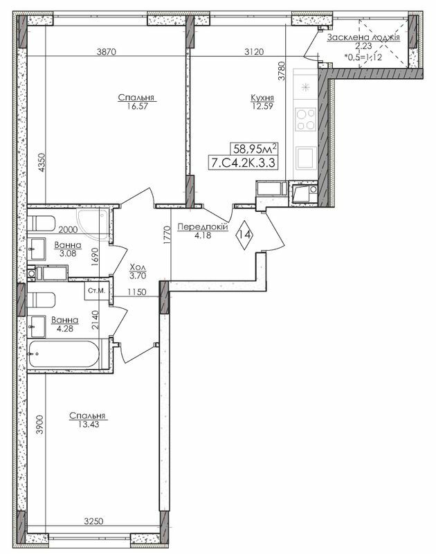 2-комнатная 58.95 м² в ЖМ Новая Буча от 26 320 грн/м², г. Буча