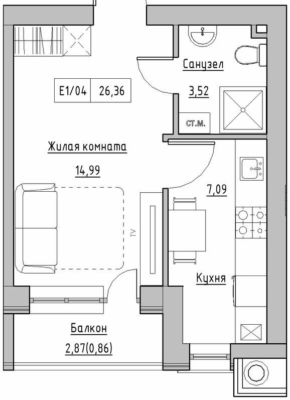 1-кімнатна 26.36 м² в ЖК KEKS від 14 900 грн/м², смт Авангард